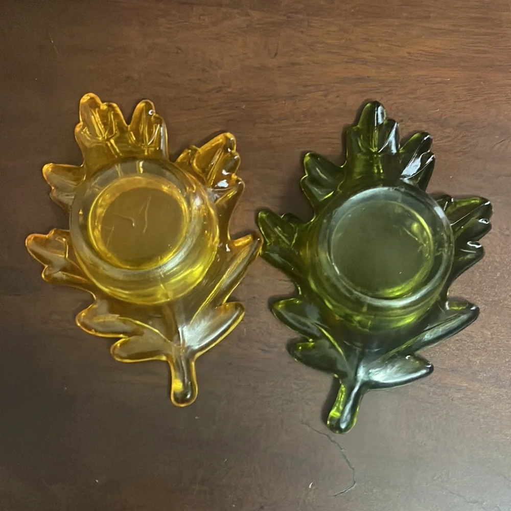 Set of 2 Vintage Orange & Green Glass Leaf Shaped Candle Holders